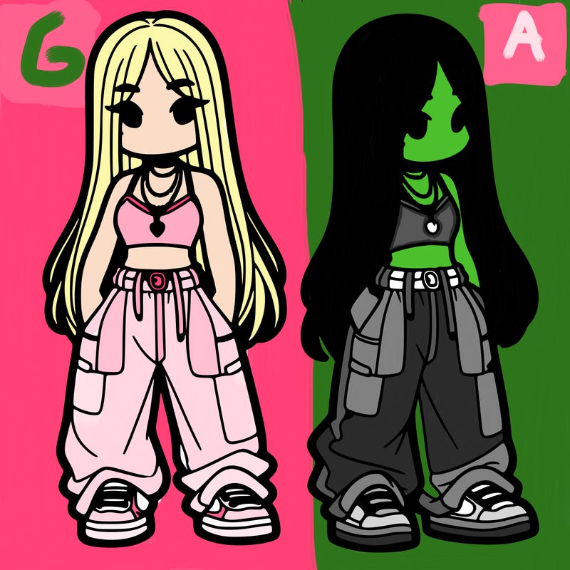 girl in baggy pants crop top and long hair