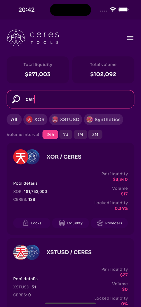 Ceres Tools - Painel do aplicativo móvel Ceres Tools mostrando dados de liquidez e pares de negociação de criptomoedas para Polkaswap.