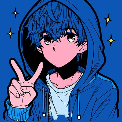 teenage manga boy in a hoodie, doing ✌