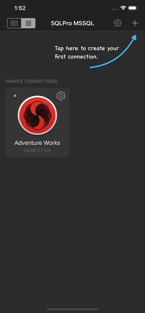 Dashboard of the SQLPro for MSSQL app showing a sample database connection and an option to add new ones