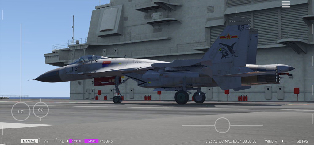 A realistic military fighter jet on the deck of an aircraft carrier in Carrier Landing HD flight simulator.