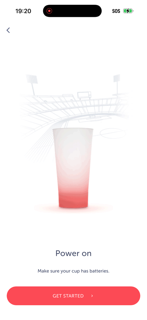 Budweiser Sports App setup screen showing how to power on a synced cup