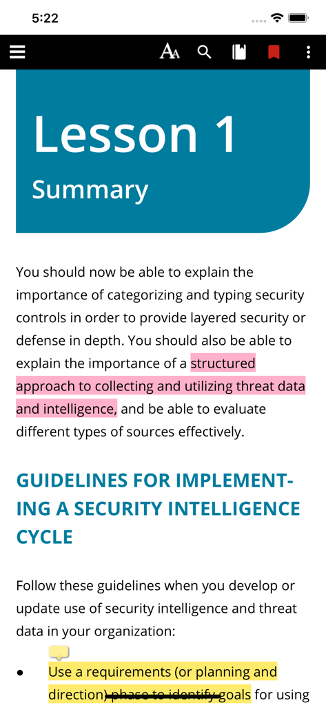 A screenshot of the CompTIA Self-Paced eReader app showing a lesson summary page with text highlighting and study notes.