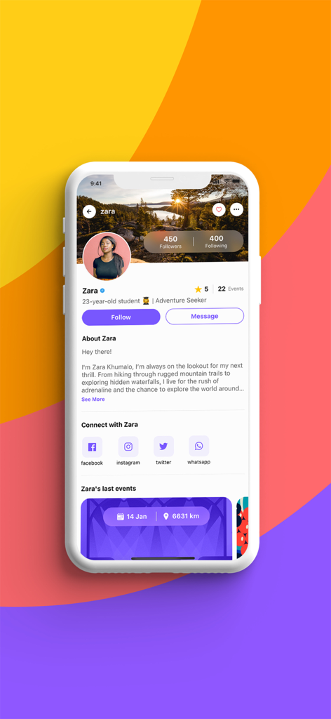 Sociable - A user profile page on the Sociable mobile app featuring a biography social media links and past events