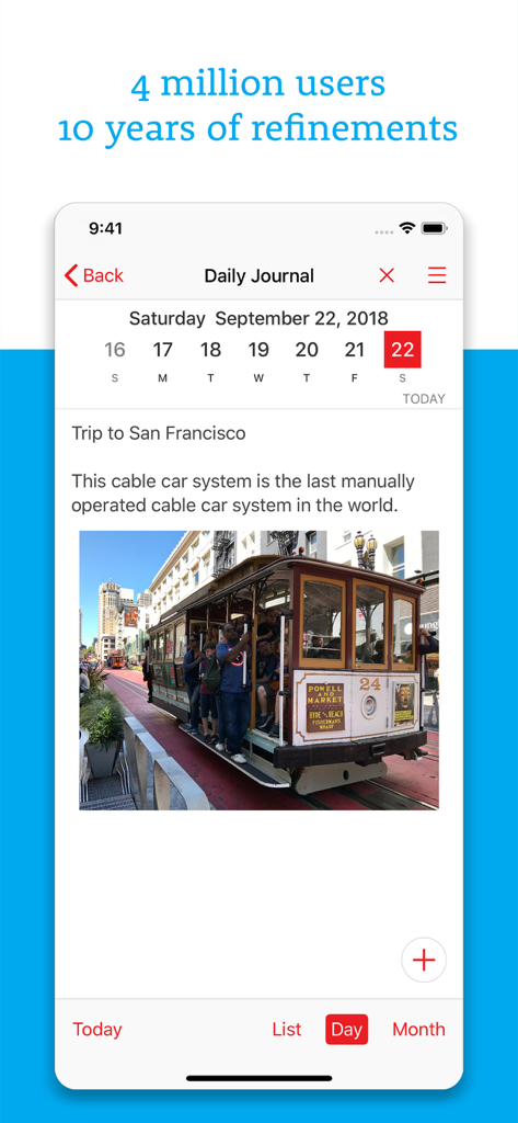 Daily Organizer+ Day Planner - Voce di diario giornaliera nell'app Daily Organizer che mostra una foto di un tram di San Francisco e una breve descrizione.