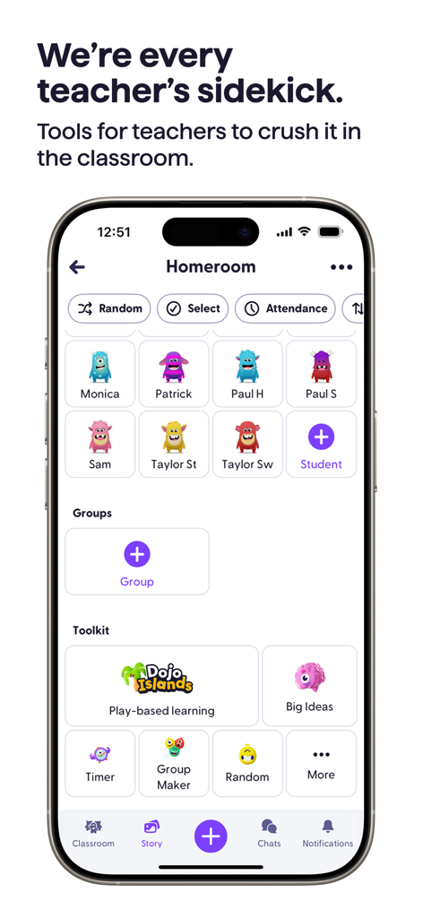 ClassDojo - ClassDojo app interface showing a homeroom screen with colorful monster avatars for students and a teacher toolkit with features like a timer and group maker.