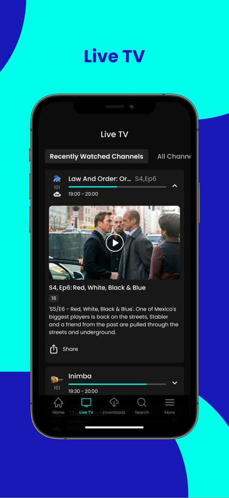 DStv Stream - Interfaz de la aplicación móvil DStv Stream que muestra la función de TV en vivo con una vista previa de canal para Law and Order