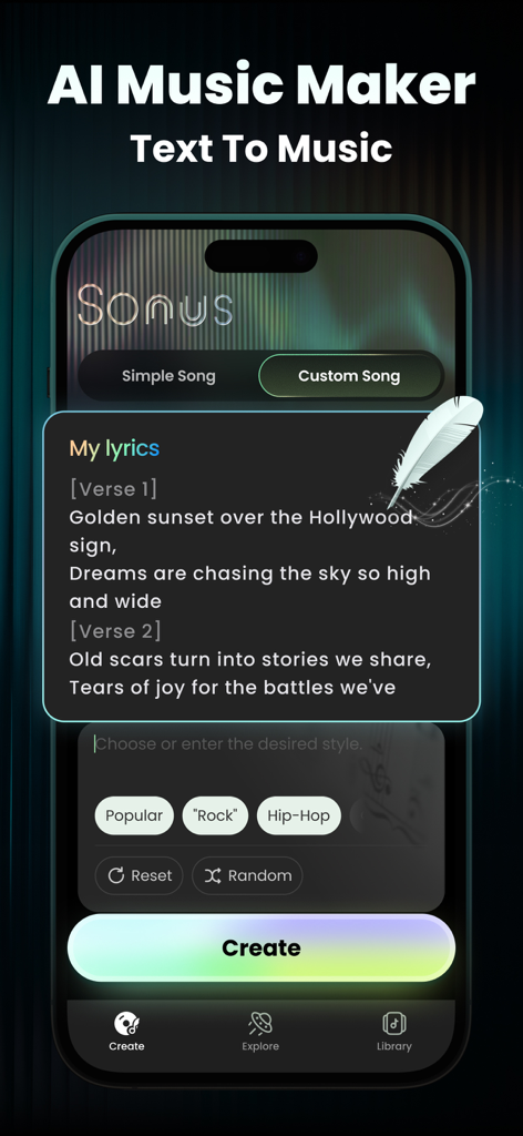 Tela de smartphone do aplicativo Sonus AI mostrando a interface de criação de músicas personalizadas com entrada de letras e tags de seleção de estilo musical.