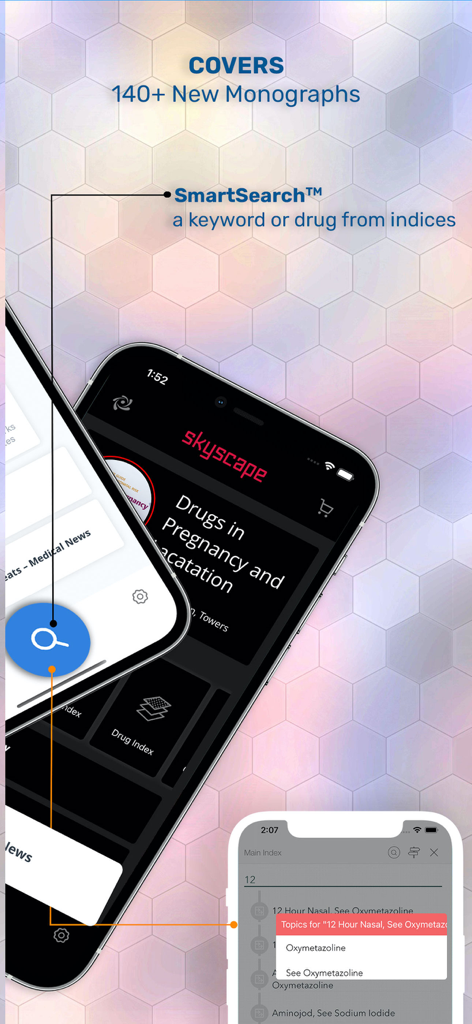Drugs in Pregnancy Lactation - Interface do aplicativo móvel para Medicamentos na Gravidez e Lactação destacando o recurso SmartSearch para monografias de medicamentos