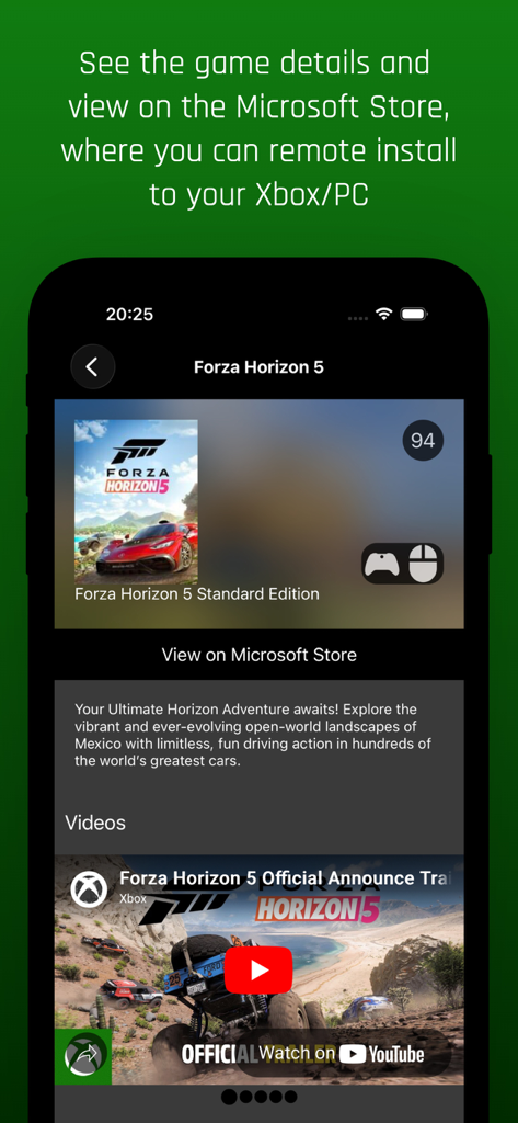 Game Pass Ratings - Forza Horizon 5の詳細、批評家評価94、リモートインストールオプションが表示されたGame Pass Ratingsアプリの画面