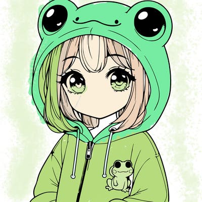 cute realistic girl in a froggy hoodie
