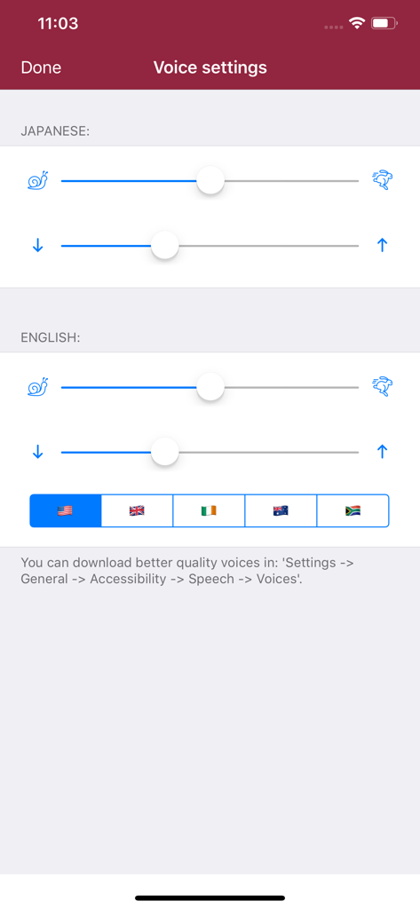 Japanese Dictionary - offline - Tela de configurações de voz para ajuste de velocidade e tom de pronúncia em japonês e inglês.