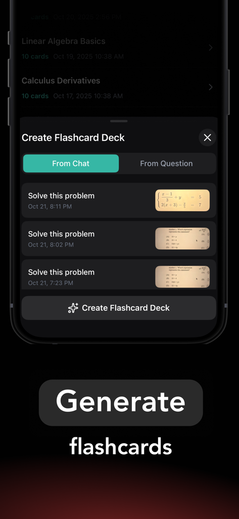 Math AI Homework Helper Solver - Math AIアプリで解かれた数式宿題問題からフラッシュカードデッキが作成されているユーザーインターフェース。