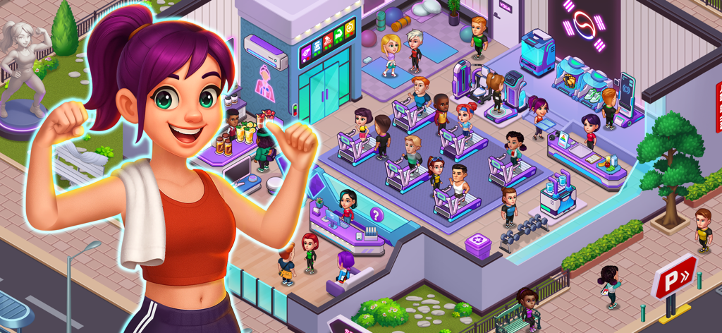 Happy Fitness: Gym Game - トレッドミルで運動する顧客と中央の女性フィットネスキャラクターを示す、明るくカラフルなカートゥーンジム管理ゲーム