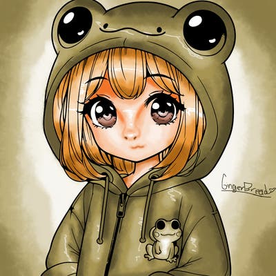cute realistic girl in a froggy hoodie