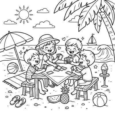 Get ready for a super fun summer with this adorable coloring page featuring kids playing a lively card game right on the beach! It's the perfect activity to capture the joy of vacation and sunshine.