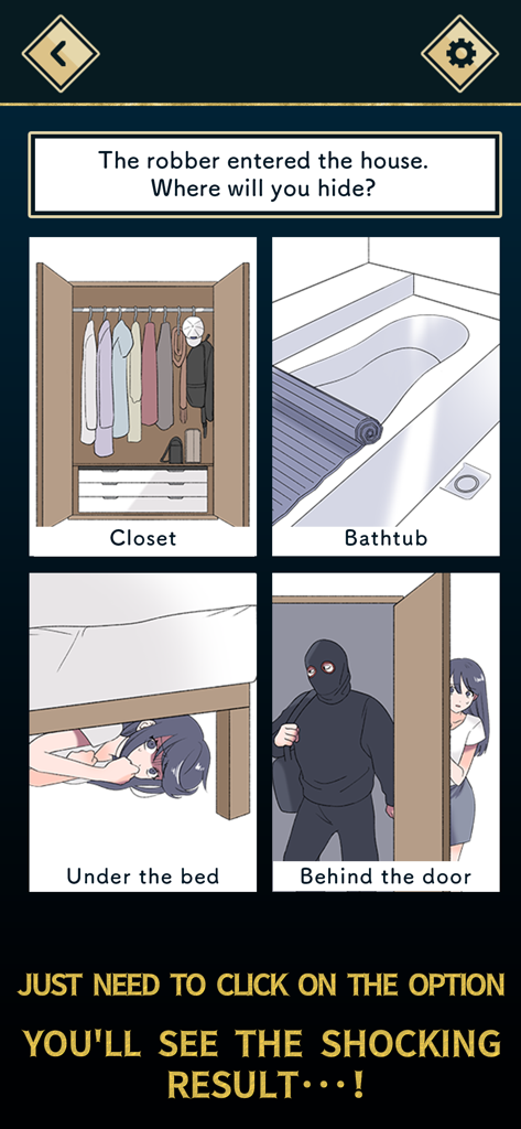 SECRET personality test - Eine Persönlichkeitstestfrage, die fragt, wo man sich vor einem Räuber verstecken soll, mit vier illustrierten Optionen