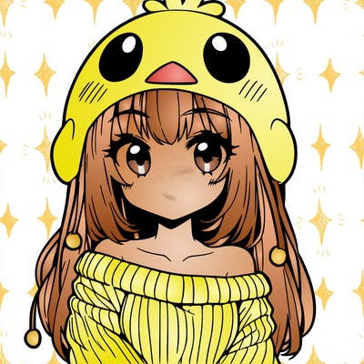 anime girl with chick shaped hat with sweater with bare shoulders with bangs covering them one eye with low tail