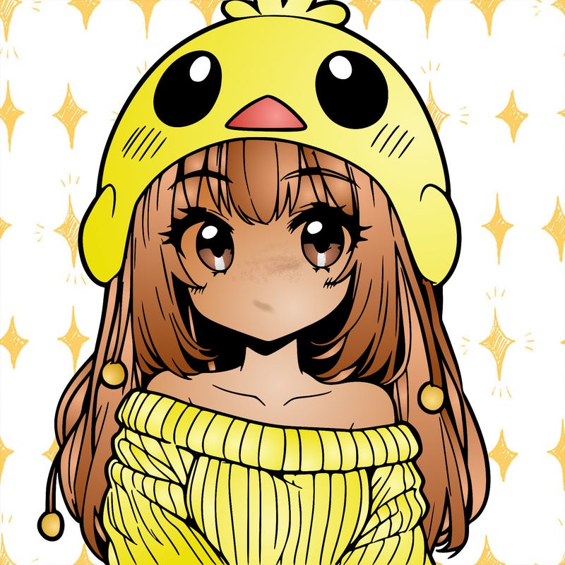 anime girl with chick shaped hat with sweater with bare shoulders with bangs covering them one eye with low tail