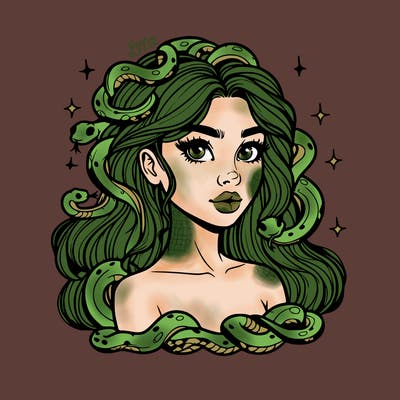 realistic girl with snakes as hair