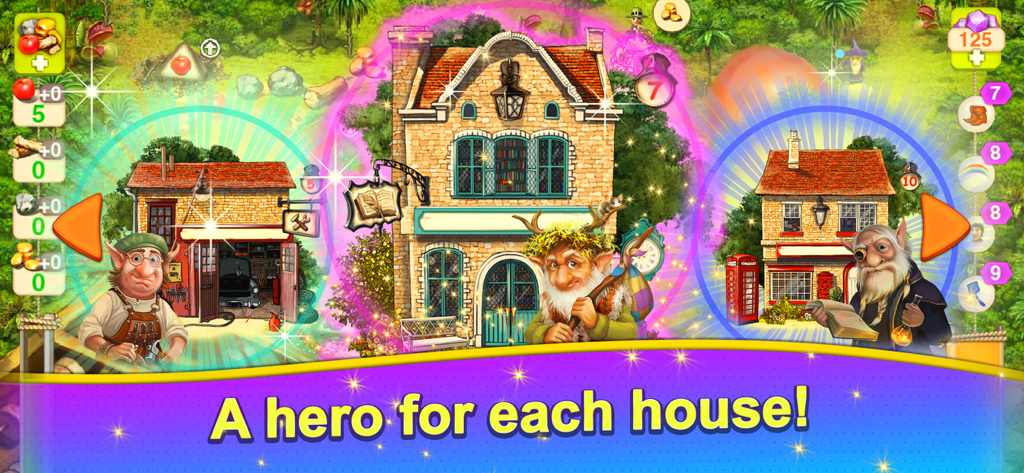 Brownies 2 게임에서 독특한 집 앞에 서 있는 세 명의 다른 브라우니 캐릭터.