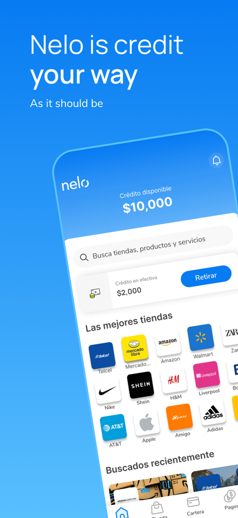 Nelo app home screen showing available credit balance and supported stores for installment payments including Amazon and Shein.