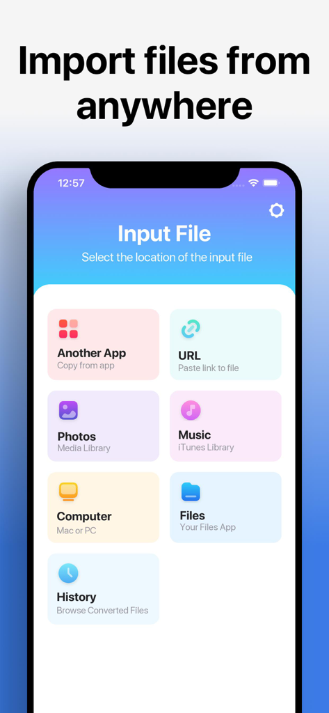 The Video Converter - Interfaz de la aplicación El Convertidor de Vídeo que muestra opciones de importación de archivos desde fotos, música, URL y ordenador.
