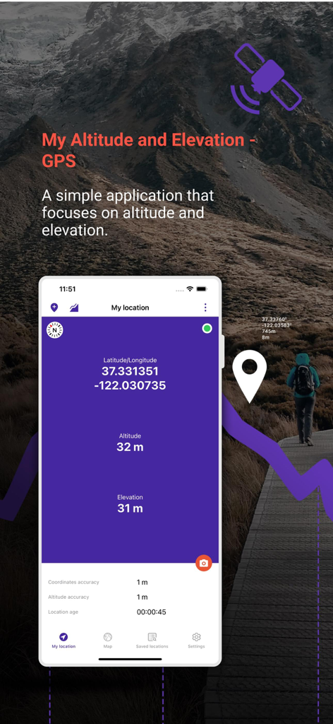 My Altitude and Elevation GPS - Interface of the My Altitude and Elevation GPS app showing latitude longitude and altitude data over a mountain landscape