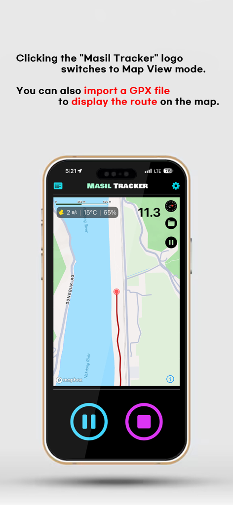 Masil Tracker - Visão do Mapa do aplicativo de ciclismo Masil Tracker mostrando uma rota e dados meteorológicos em tempo real.