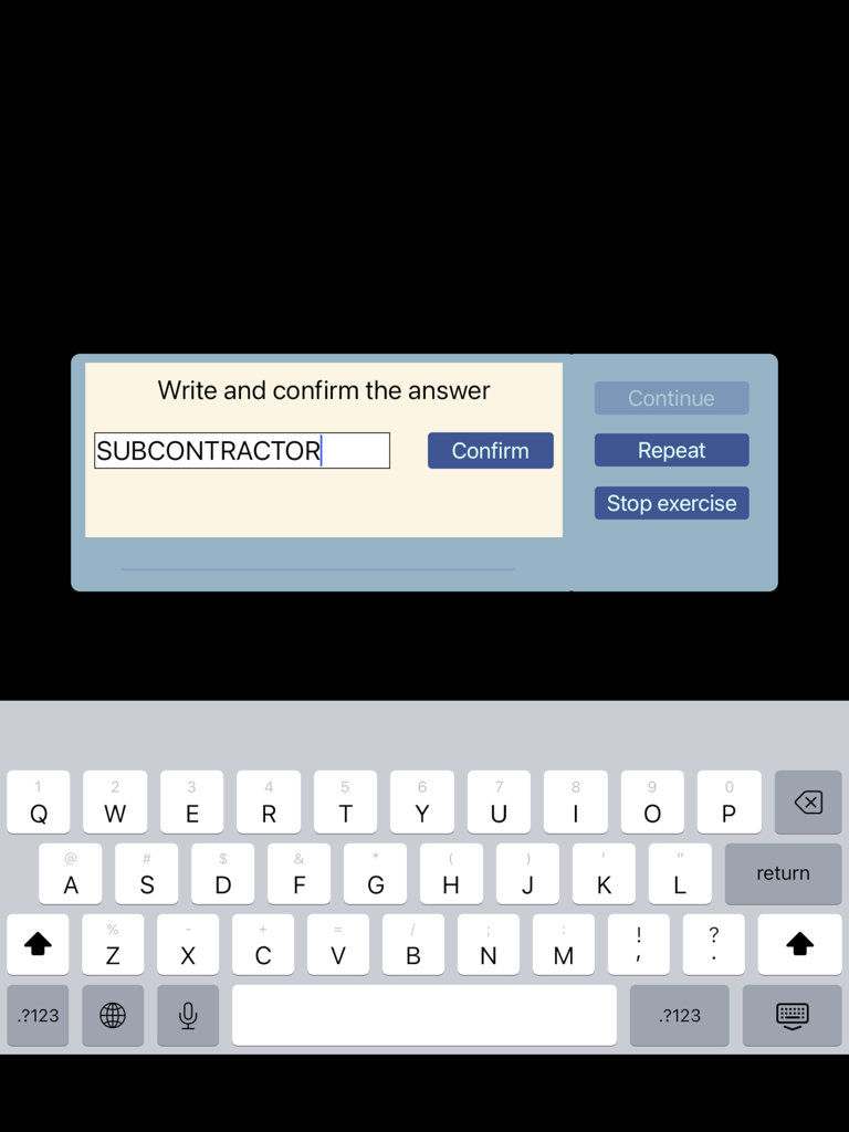 Interface of Instant Reading app showing a user typing a word into a text field to confirm an answer during a reading exercise.