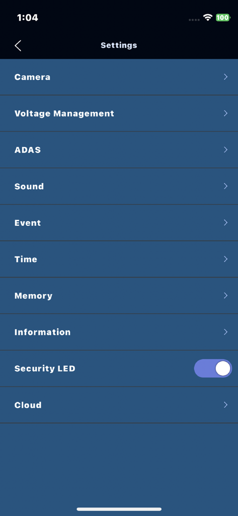 ROADVIEW - Settings menu of the Roadview dashcam app showing options for camera, ADAS, sound, and cloud configuration.