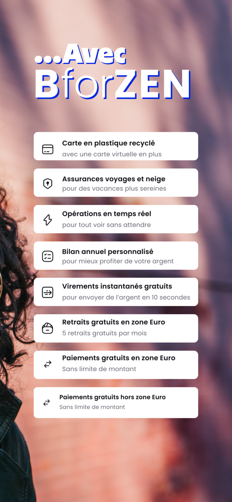 Liste der BforZEN-Karten-Vorteile, einschließlich kostenloser internationaler Zahlungen und Sofortüberweisungen.