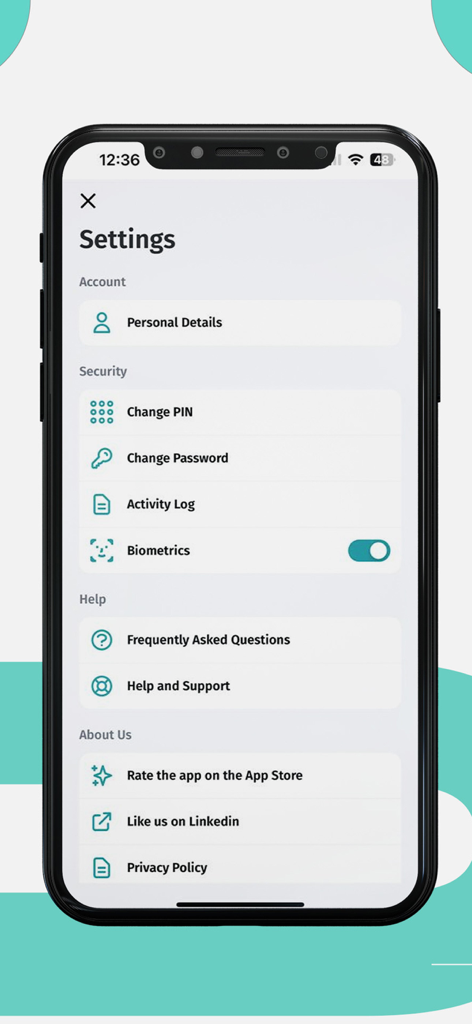 Verifo - Verifo app settings page showing security options including biometrics and personal details.