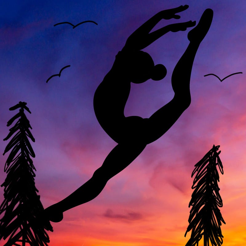 gymnast doing a leap in a leotard with a bent back leg