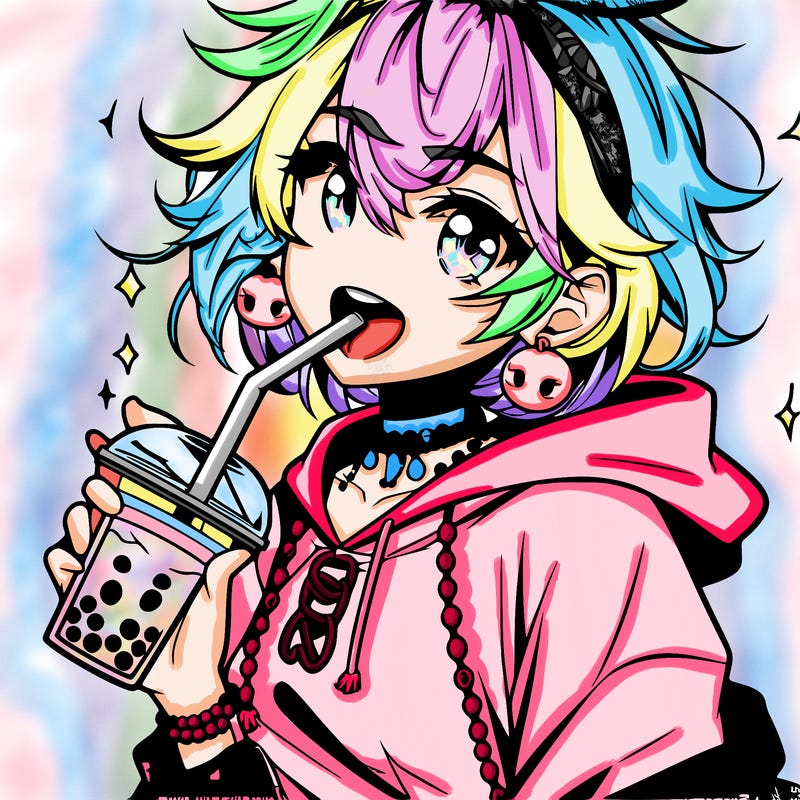 hot baddie anime girl drinking boba and biting the straw