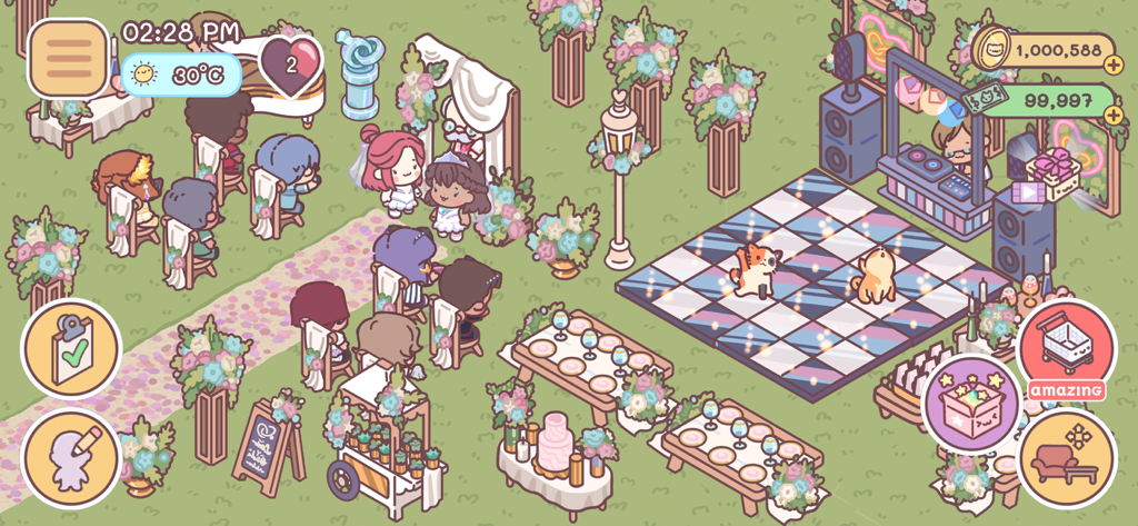 Pocket Love! - Uma cerimônia de casamento fofa ao ar livre em Pocket Love! com decorações em tons pastel e animais de estimação dançando.