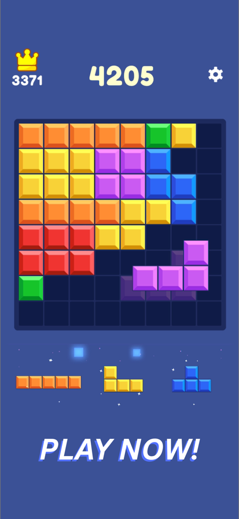 Block Puzzle Fun Game - Captura de pantalla del juego del Juego Divertido de Bloques mostrando fichas coloridas en una cuadrícula de 8x8 con una puntuación de 4205 y un botón Jugar ahora