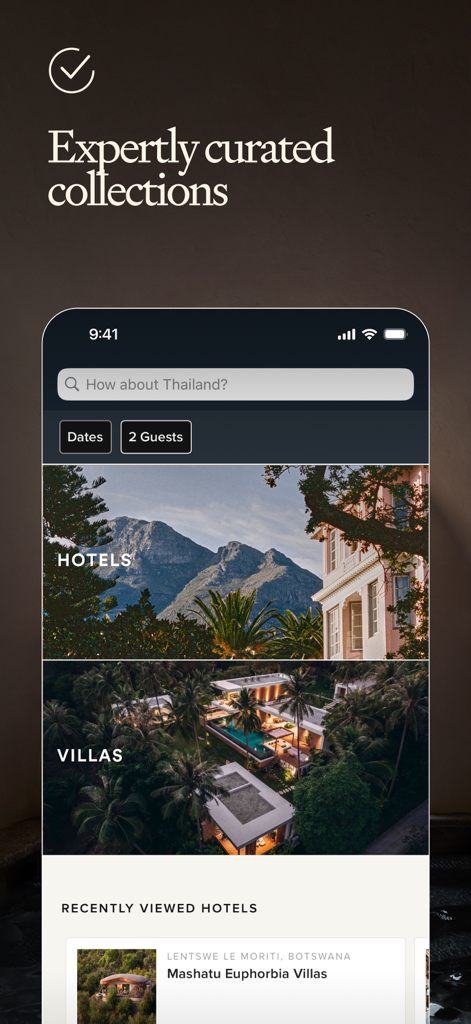 Mr and Mrs Smith mobile app interface showing curated luxury hotel and villa collections