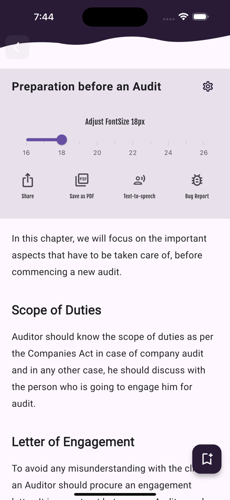 Interface of Learn Financial Accounting PRO app showing a lesson on audit preparation with text adjustment settings and sharing options