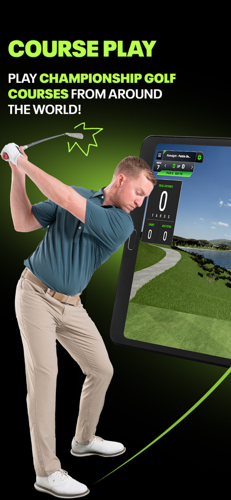 A man swinging a golf club next to a tablet displaying the SKYTRAK app course play simulation