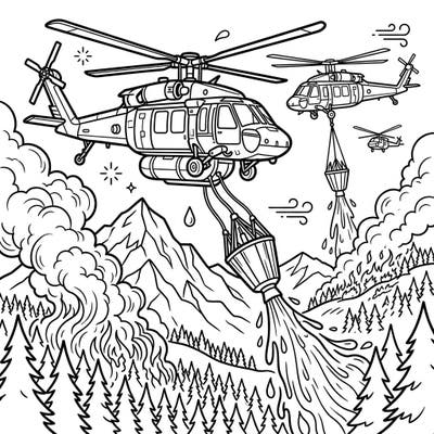 Witness the bravery of aerial firefighters with this dynamic coloring page featuring multiple firefighting helicopters. They're equipped with water buckets, actively working to suppress a raging forest fire in a rugged mountain landscape.