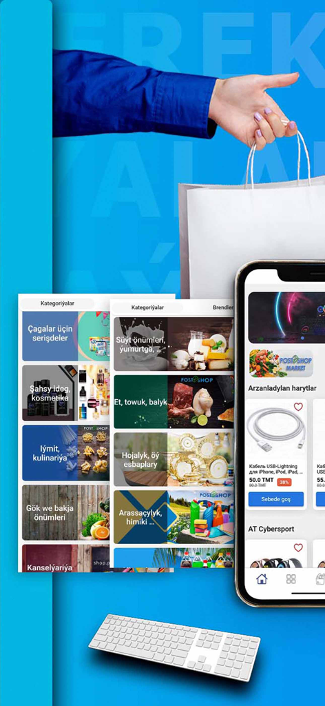 PostShop - PostShop mobile app interface featuring shopping categories in Turkmen language