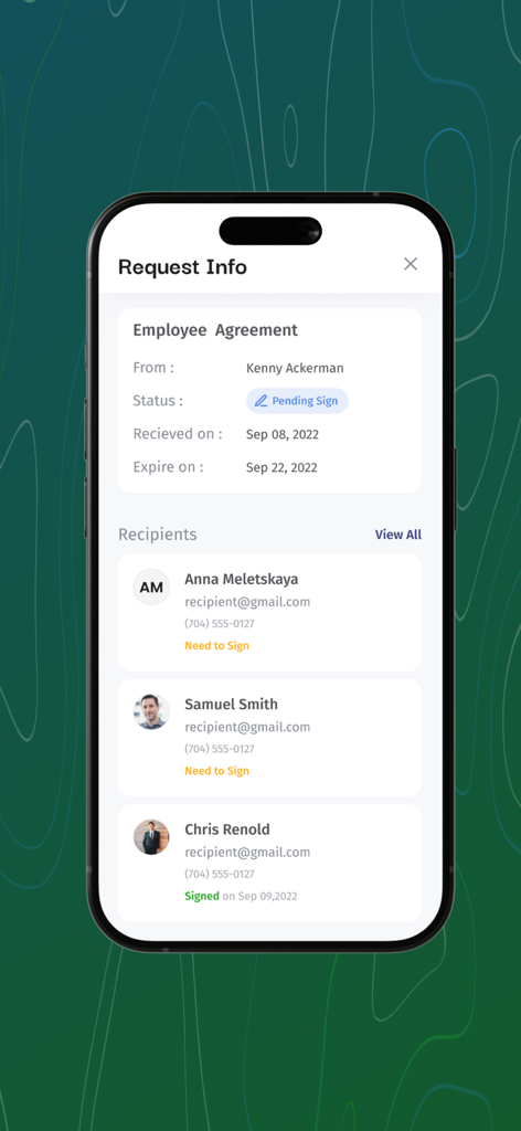 TeleSign - TeleSign app interface showing the status of an employee agreement and a list of signers