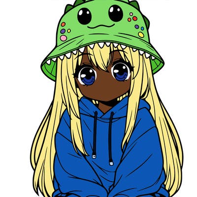 girl with anime shaped eyes with a dinosaur bucket hat oversized sweatshirt long straight hair