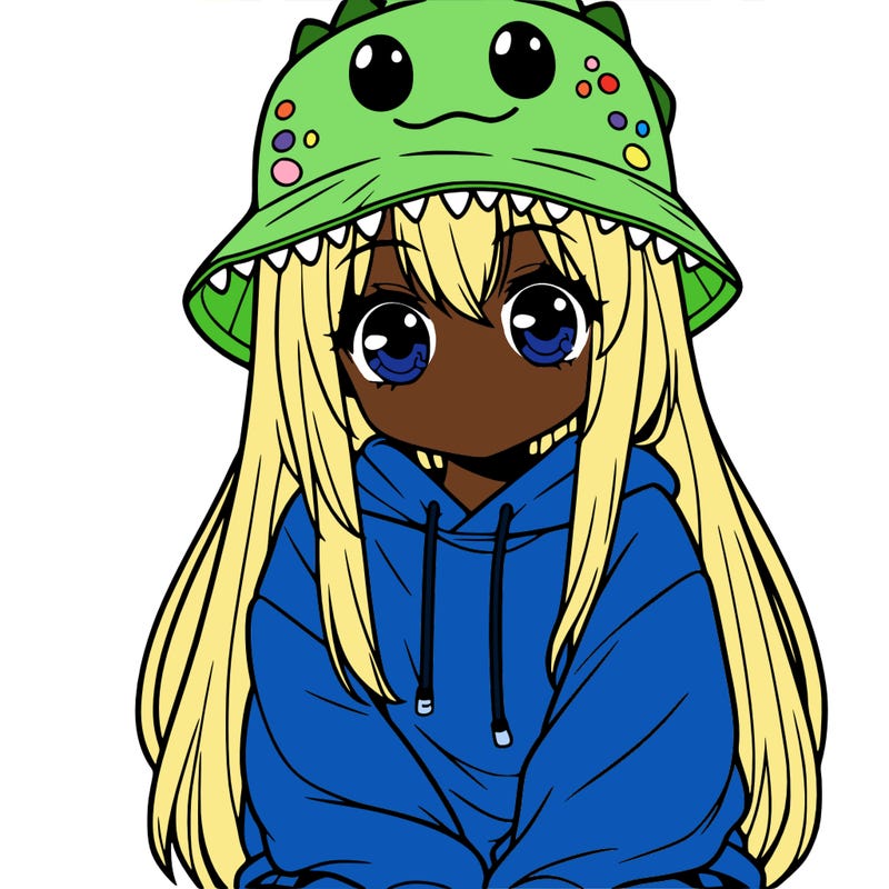 girl with anime shaped eyes with a dinosaur bucket hat oversized sweatshirt long straight hair