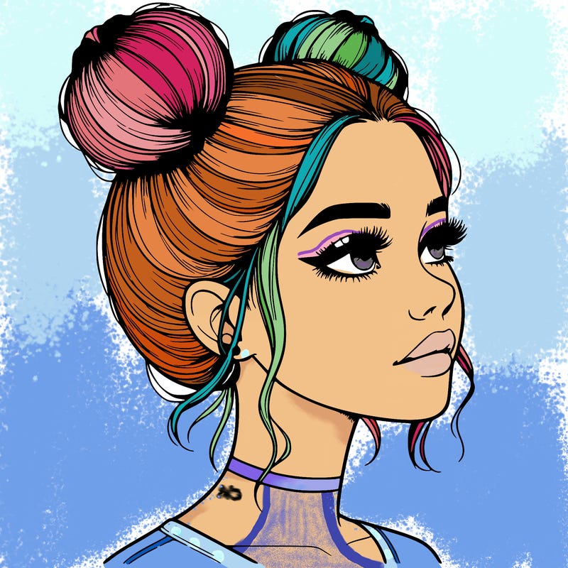 realistic girl with buns on the top of her head