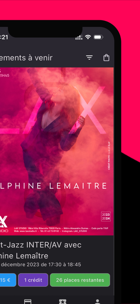 LAX Studio - LAX Studio app screen showing a Street-Jazz dance class booking with Delphine Lemaitre