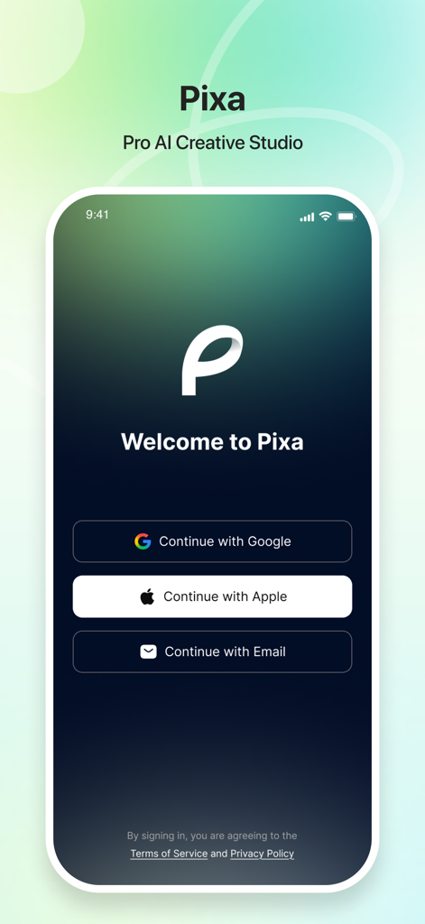 Pixa - AI Image & Video Maker - Pixa AI app welcome screen showing login options for Google Apple and Email