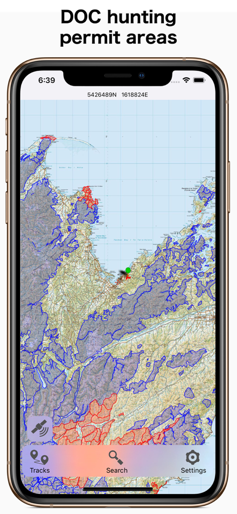 Topographic map interface showing DOC hunting permit areas in New Zealand South Island.