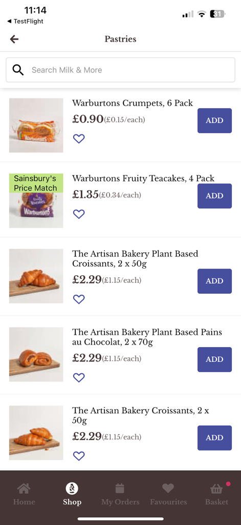 Mobile app screen showing a catalog of pastries including croissants and crumpets for delivery